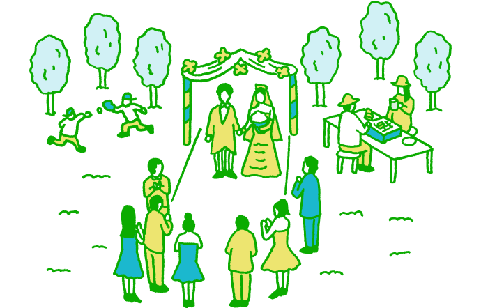 イラスト, 公園で結婚式を行っているイメージ